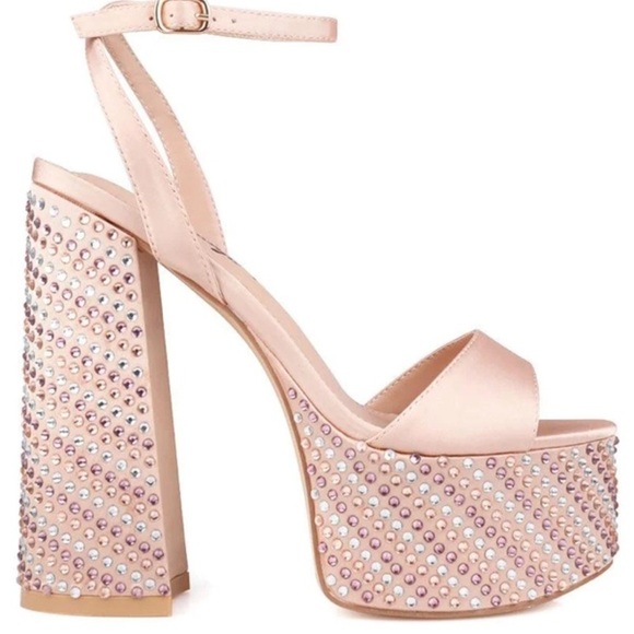 Nude 01 Rhinestone block junky heels sandal satin bridal promo. - Picture 4 of 10